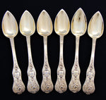 Antique French 18k Gold on Silver "Vermeil" 6pc Teaspoon Set in Brass "Cafe" Inlaid Rosewood Box