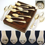 Elegant Antique French Vermeil Gold Plated Solid Silver 12pc Teaspoon Set, "Cafe" Inlaid Rosewood Box