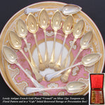 Elegant Antique French Vermeil Gold Plated Solid Silver 12pc Teaspoon Set, "Cafe" Inlaid Rosewood Box