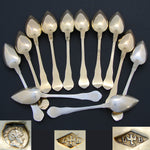 Elegant Antique French Vermeil Gold Plated Solid Silver 12pc Teaspoon Set, "Cafe" Inlaid Rosewood Box