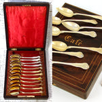Elegant Antique French Vermeil Gold Plated Solid Silver 12pc Teaspoon Set, "Cafe" Inlaid Rosewood Box
