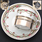 Antique French Vermeil on Sterling Silver & Porcelain Expresso Cup & Saucer Set, Floral Garland