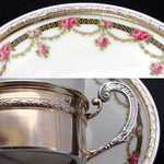 Antique French Vermeil on Sterling Silver & Porcelain Expresso Cup & Saucer Set, Floral Garland