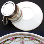 Antique French Vermeil on Sterling Silver & Porcelain Expresso Cup & Saucer Set, Floral Garland