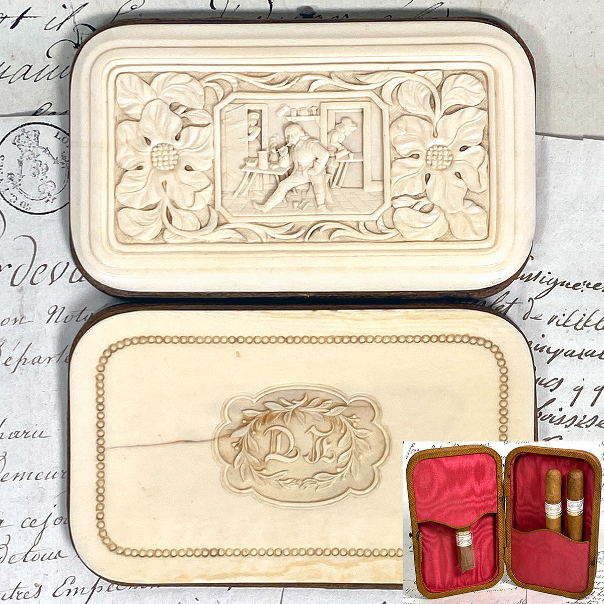 Antique Victorian Era Cigar or Spectacles Case, Purse, Exquisite Hand Carved Ivory