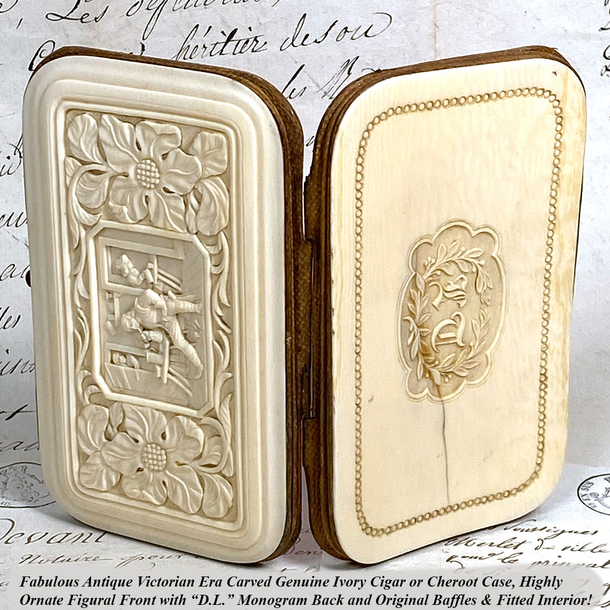 Antique Victorian Era Cigar or Spectacles Case, Purse, Exquisite Hand Carved Ivory