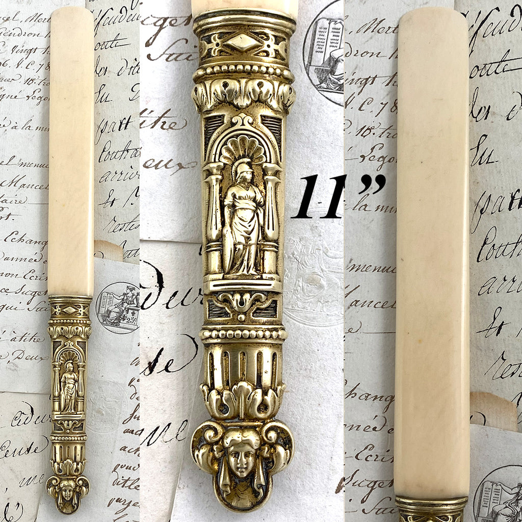 Antique Victorian Era Figural Brass or Bronze & Genuine Ivory Letter Opener or Page Turner