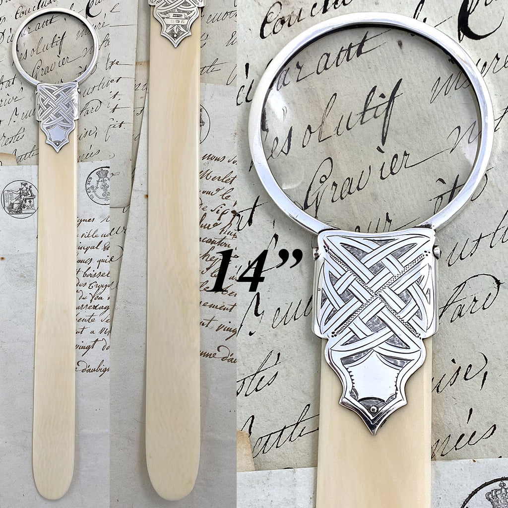 Rare Antique English Sterling Silver & Genuine Ivory 14" Text or Book Page Turner with Magnifying Glass