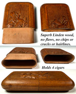 Rare Pristine 19th Century Hand Carved Linden Wood Cheroot or Cigar Case w Hunt Theme, Chamois