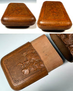 Rare Pristine 19th Century Hand Carved Linden Wood Cheroot or Cigar Case w Hunt Theme, Chamois