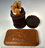 Rare Pristine 19th Century Hand Carved Linden Wood Cheroot or Cigar Case w Hunt Theme, Chamois