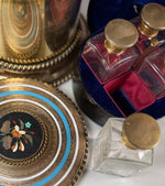 Superb Complete Italian Grand Tour Scent Caddy, 4 Perfume Bottles, Heavy Bronze w Pietra Dura