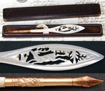 Antique Victorian Era Carved Mother of Pearl Dip Pen, Deer or Stag Figure, 14k Gold Nib