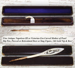 Antique Victorian Era Carved Mother of Pearl Dip Pen, Deer or Stag Figure, 14k Gold Nib