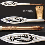 Antique Victorian Era Carved Mother of Pearl Dip Pen, Deer or Stag Figure, 14k Gold Nib
