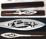 Antique Victorian Era Carved Mother of Pearl Dip Pen, Deer or Stag Figure, 14k Gold Nib