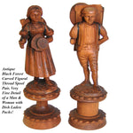 Antique Hand Carved Black Forest Figural Thread Spool Pair, For Sewing Collector