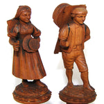 Antique Hand Carved Black Forest Figural Thread Spool Pair, For Sewing Collector