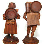 Antique Hand Carved Black Forest Figural Thread Spool Pair, For Sewing Collector