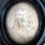 Fine Antique Hand Finished Chalk or Gypsum Catholic Icon, Christ Bust in Oval Bombe Glass Frame