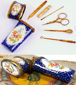 Antique French Kiln-fired Enamel Vest Etui or Necessaire with Sewing and Vanity Tools