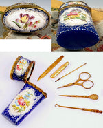 Antique French Kiln-fired Enamel Vest Etui or Necessaire with Sewing and Vanity Tools