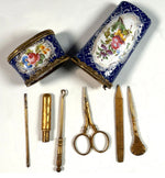 Antique French Kiln-fired Enamel Vest Etui or Necessaire with Sewing and Vanity Tools