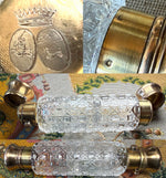 Rare Crown Shield Monogram French Double Lay Down Scent Flask, Sterling Silver 18k Gold Vermeil