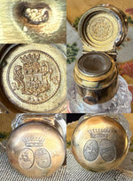 Rare Crown Shield Monogram French Double Lay Down Scent Flask, Sterling Silver 18k Gold Vermeil