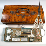 Exceptional c.1810-30 French Palais Royal Sewing Box, Mother of Pearl 18k Tools, Swan Scissors, Turquoise