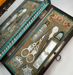 Exceptional c.1810-30 French Palais Royal Sewing Box, Mother of Pearl 18k Tools, Swan Scissors, Turquoise