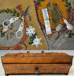 Exceptional c.1810-30 French Palais Royal Sewing Box, Mother of Pearl 18k Tools, Swan Scissors, Turquoise