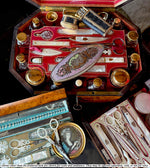 Exceptional c.1810-30 French Palais Royal Sewing Box, Mother of Pearl 18k Tools, Swan Scissors, Turquoise
