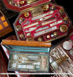 Exceptional c.1810-30 French Palais Royal Sewing Box, Mother of Pearl 18k Tools, Swan Scissors, Turquoise