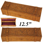 Antique Hand Carved Black Forest 12.5" Long Glove or Desk Box, Casket, Straps & Foliage