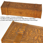 Antique Hand Carved Black Forest 12.5" Long Glove or Desk Box, Casket, Straps & Foliage