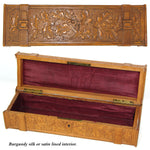 Antique Hand Carved Black Forest 12.5" Long Glove or Desk Box, Casket, Straps & Foliage