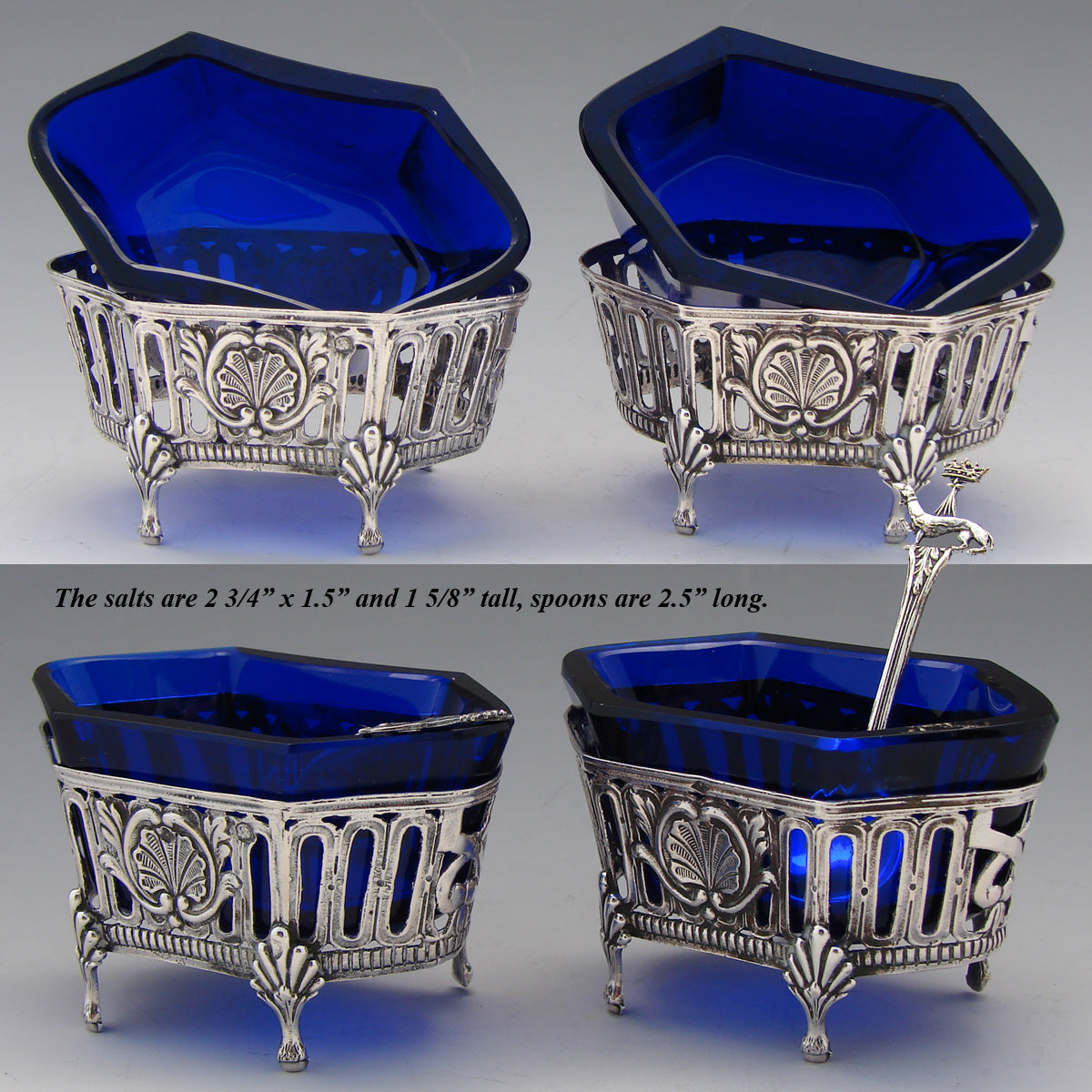 Antique French .800 Silver & Cobalt Glass Open Salt PAIR, Dog & Crown Spoon Pair