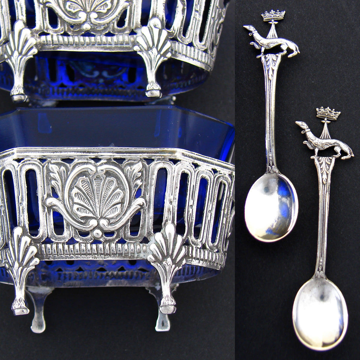Antique French .800 Silver & Cobalt Glass Open Salt PAIR, Dog & Crown Spoon Pair
