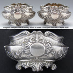 Pair Antique French Sterling Silver & Blown Glass Open Salts with Spoons, Empire Style