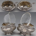 Pair Antique French Sterling Silver & Blown Glass Open Salts with Spoons, Empire Style
