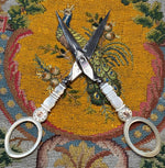 Antique French Palais Royal Mother of Pearl Sewing or Embroidery Scissors, 18k Medallion