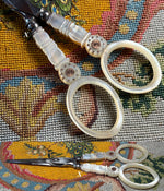 Antique French Palais Royal Mother of Pearl Sewing or Embroidery Scissors, 18k Medallion