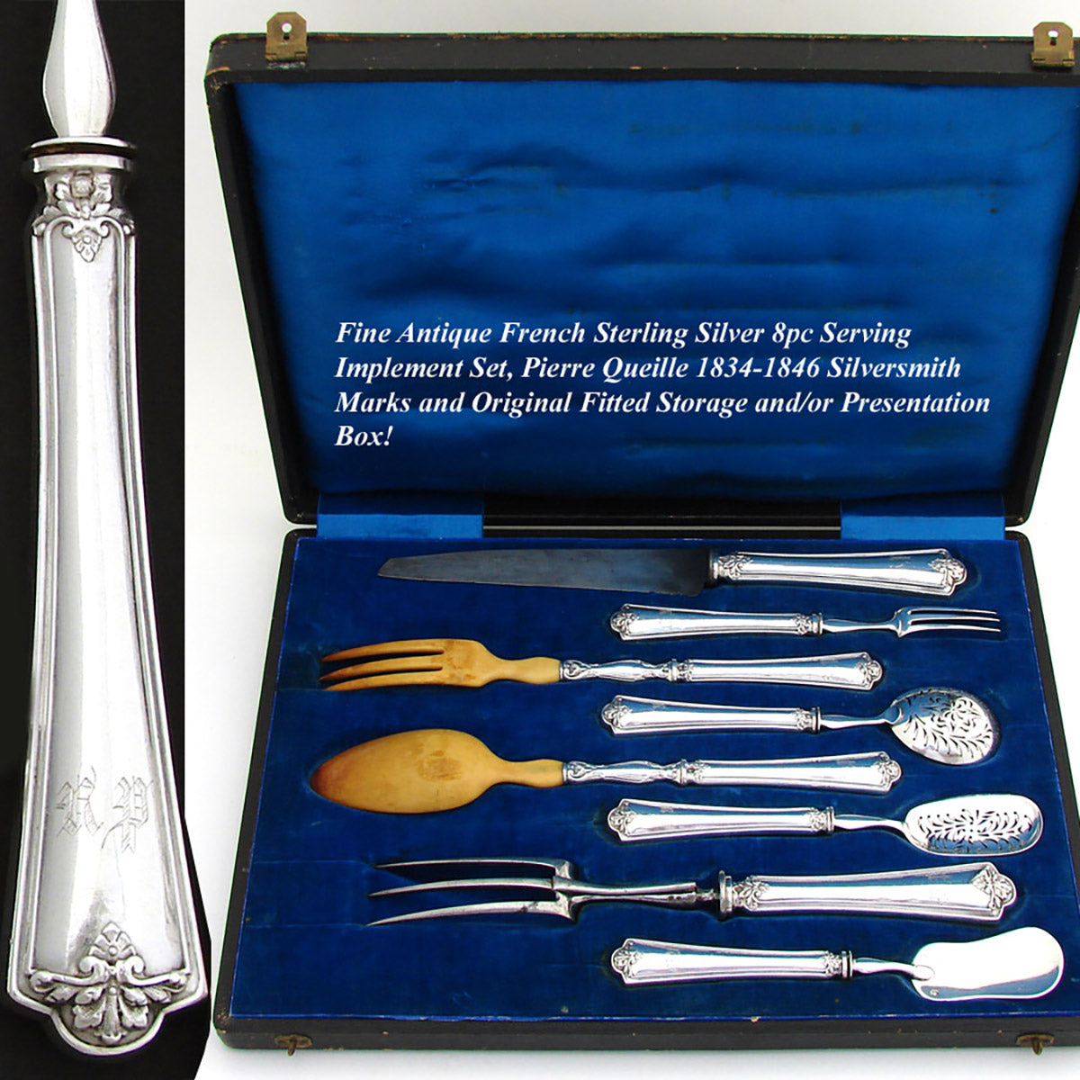 Antique French Sterling Silver 8pc Serving Implement Set, Orig Box, c. 1834-1846