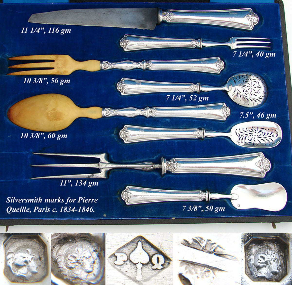 Antique French Sterling Silver 8pc Serving Implement Set, Orig Box, c. 1834-1846