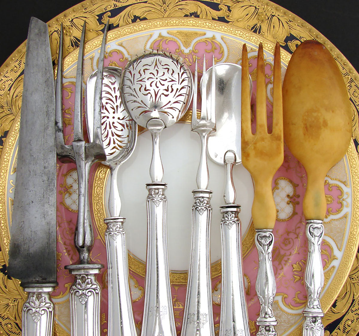 Antique French Sterling Silver 8pc Serving Implement Set, Orig Box, c. 1834-1846