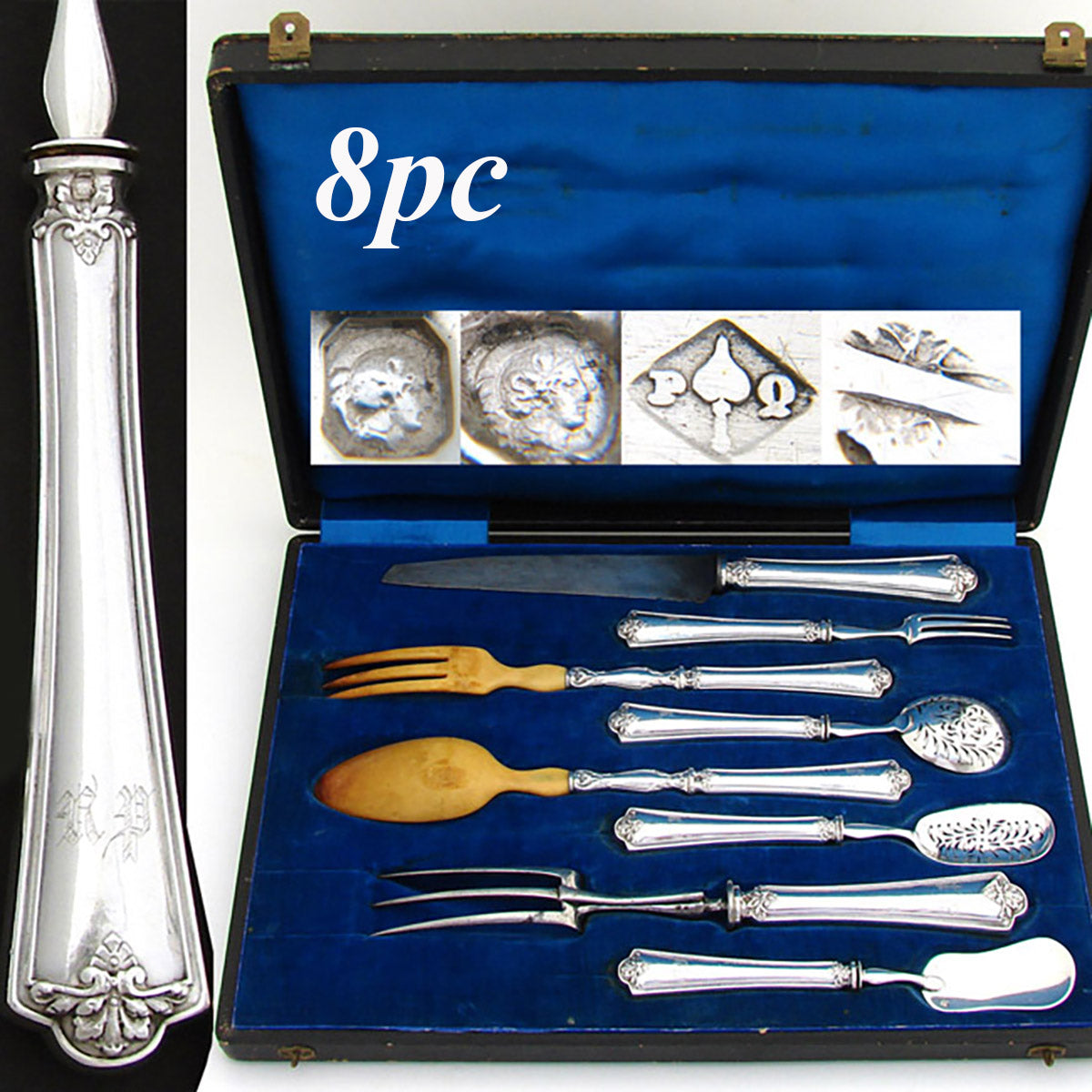 Antique French Sterling Silver 8pc Serving Implement Set, Orig Box, c. 1834-1846