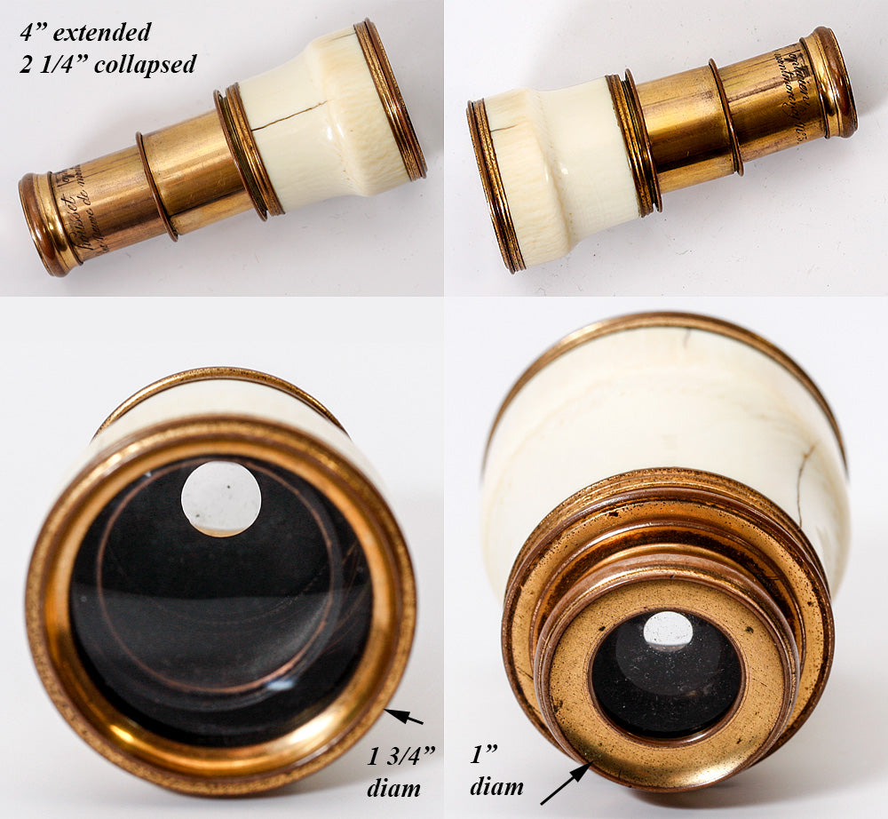 Mid-1800s Antique French Napoleon III Carved Ivory Barrel Opera Glass, 2-Draw Telescope, Monocular