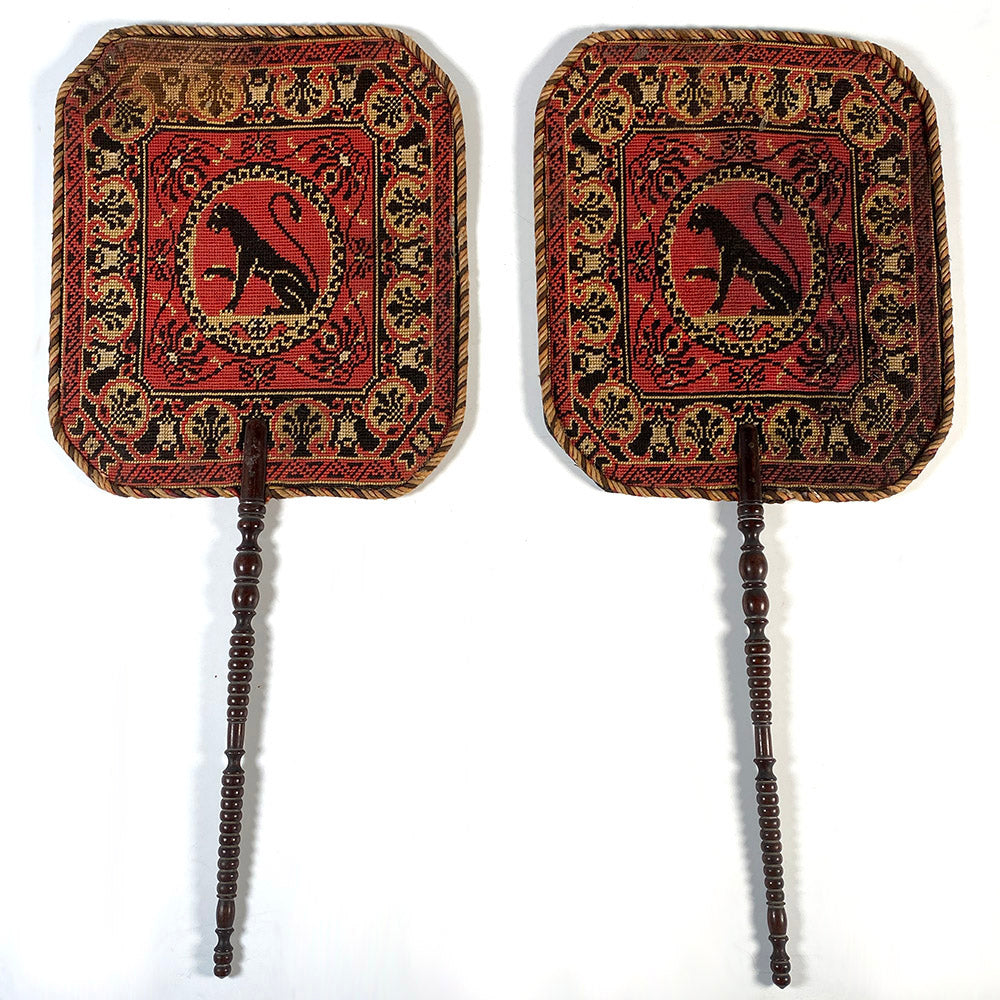 Antique French Napoleon III or Victorian Era Needlepoint Face Screen Pair, Panther Theme