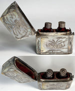 Antique 19th Century French Sterling Silver, Mother of Pearl Etui with 2 Cranberry Glass Perfume Bottles, Scent Caddy